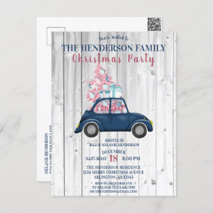 Retro Blue Car Pink Xmas - kerstfeest Briefkaart
