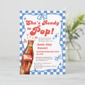 Retro Blue Checker Ready to Pop Cola Baby Shower Kaart (Staand voorkant)