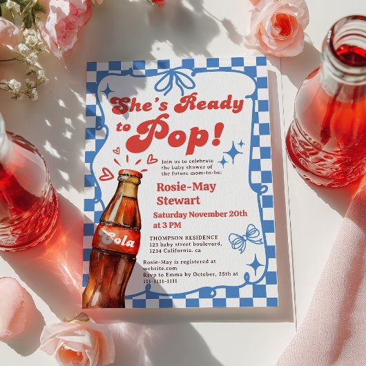 Retro Blue Checker Ready to Pop Cola Baby Shower Kaart