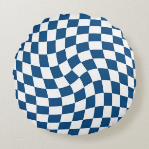 Retro Blue Checker Warped Checkered Dorm Room Rond Kussen