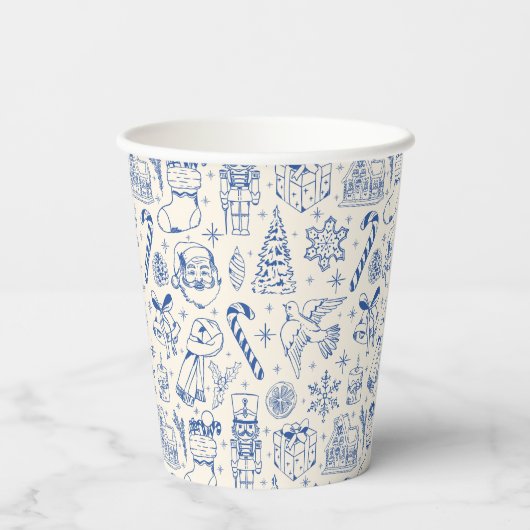 Retro Blue Christmas Doodle Papieren Bekers (Achterkant)