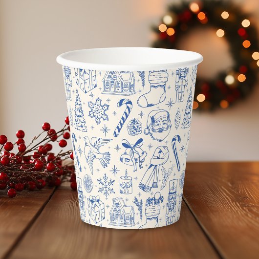 Retro Blue Christmas Doodle Papieren Bekers