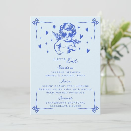 Retro Blue Cool Cupid Valentines Dinner Party Menu (Staand voorkant)
