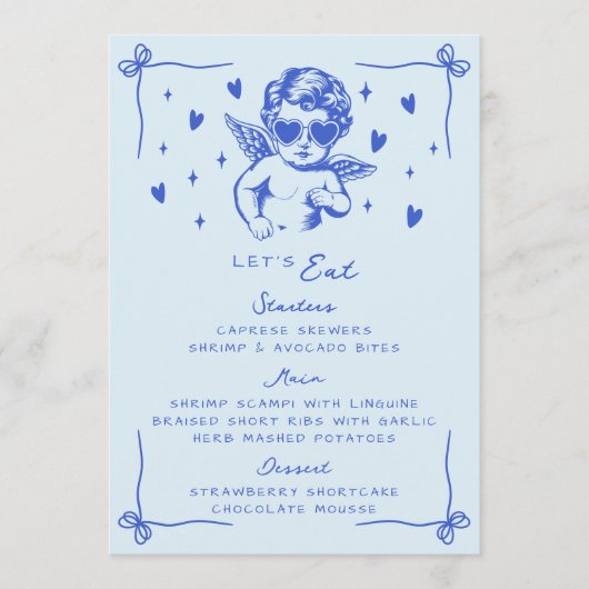 Retro Blue Cool Cupid Valentines Dinner Party Menu (Voorkant)