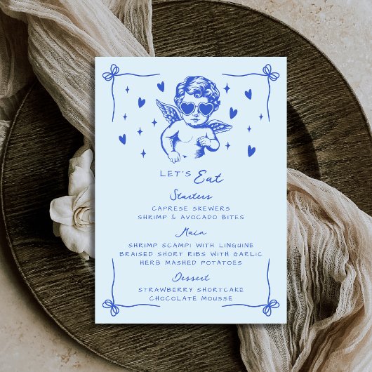 Retro Blue Cool Cupid Valentines Dinner Party Menu