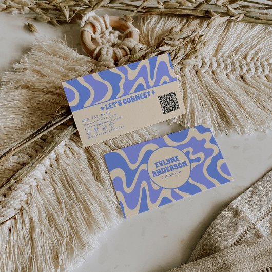 Retro Blue Cream 70s Boho Groovy Trendy QR Code Visitekaartje