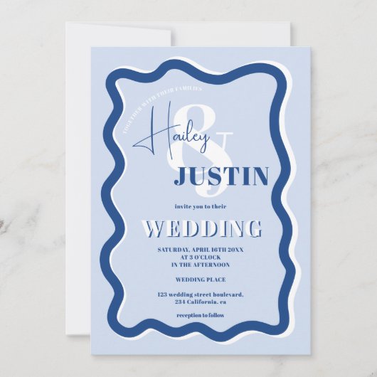 Retro blue curve met een golvende bruiloft foto kaart (Voorkant)