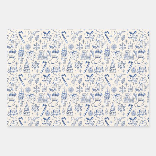 Retro Blue Doodle Christmas Wrapping Paper (Voorkant)