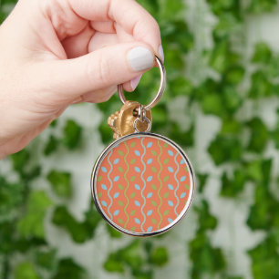 Retro Blue- en groene wijnstokken op Oranje Floral Sleutelhanger