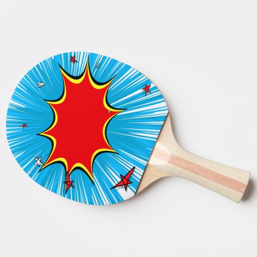 Retro Blue en Red Stars Comic Explosion Tafeltennisbatje (Zijkant)