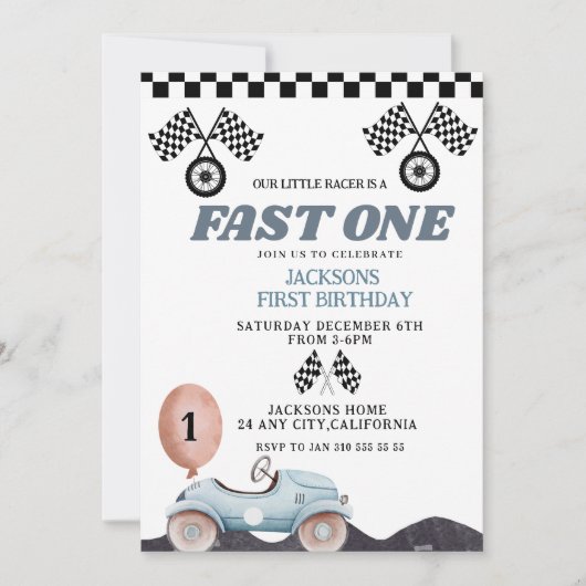 Retro Blue Fast one Boy 1st Birthday Car Boys Kaart (Voorkant)