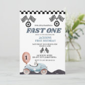 Retro Blue Fast one Boy 1st Birthday Car Boys Kaart (Staand voorkant)