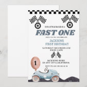 Retro Blue Fast one Boy 1st Birthday Car Boys Kaart (Voorkant / Achterkant)