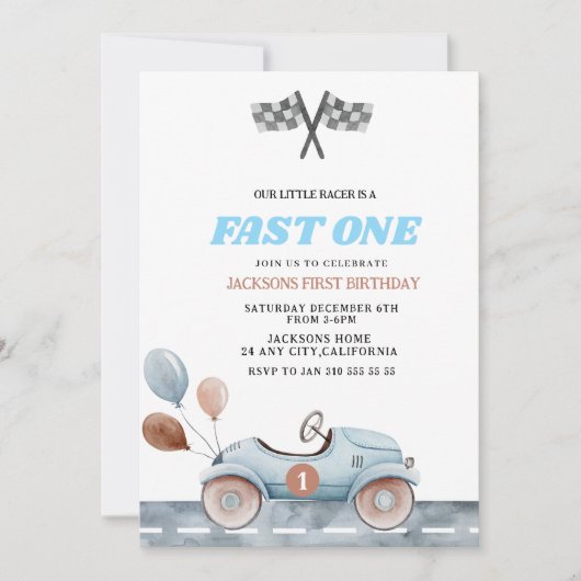Retro Blue Fast one Boy 1st Birthday Car Boys Kaart (Voorkant)