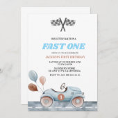 Retro Blue Fast one Boy 1st Birthday Car Boys Kaart (Voorkant / Achterkant)