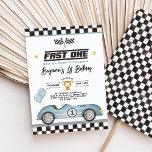 Retro Blue Fast One Race Car Boy 1e Verjaardag Kaart<br><div class="desc">Start je motoren en bereid je voor op een verjaardagsfeest dat iedereen ademloos laat! Verhoog de opwinding met onze "Fast One"-uitnodiging en creëer-herinneringen die iedereen zullen laten terugracen voor meer. Laat het avontuur beginnen terwijl je de 1e verjaardag van je speedster in stijl viert!</div>