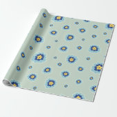 Retro Blue Floral Cadeaupapier (Uitgerold)
