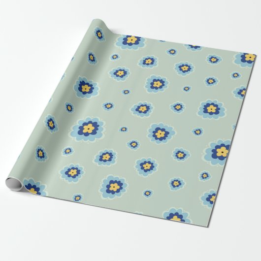 Retro Blue Floral Cadeaupapier (Uitgerold)