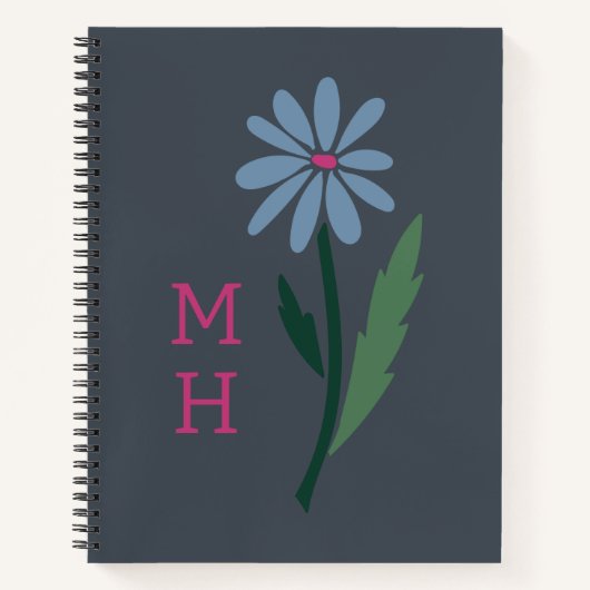 Retro Blue Floral Pink Monogram Slate Gray Notitieboek (Voorkant)