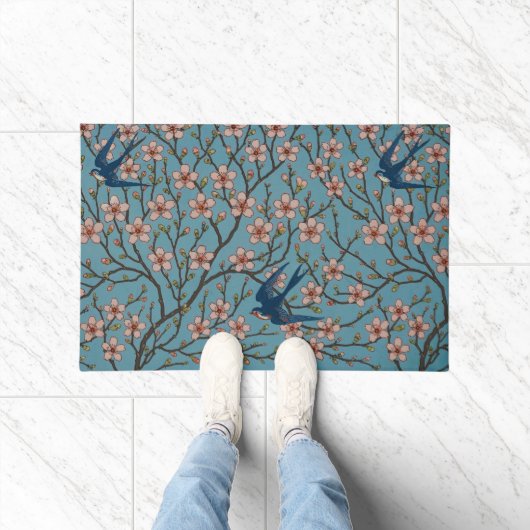 Retro Blue Floral Swallow Pattern by Walter Crane Deurmat (Binnen)