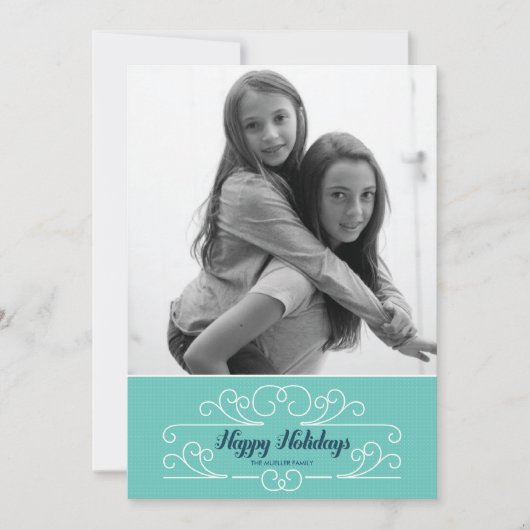 Retro Blue Florish Holiday Photo Card Feestdagenkaart (Voorkant)