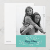 Retro Blue Florish Holiday Photo Card Feestdagenkaart (Voorkant / Achterkant)