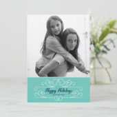 Retro Blue Florish Holiday Photo Card Feestdagenkaart (Staand voorkant)