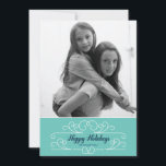 Retro Blue Florish Holiday Photo Card Feestdagenkaart<br><div class="desc">This retro-chic card emotes the timeless joy of the season and is designed exclusively for Zazzle. Perfect for a vintage yet modern holiday greeting. Tiny dots with a Caspian blue border and vintage flourish in white help highlight your favorite photo(s). Add an Envelopments Holiday Stamp from our extensive postage collection...</div>