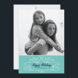 Retro Blue Florish Holiday Photo Card Feestdagenkaart<br><div class="desc">This retro-chic card emotes the timeless joy of the season and is designed exclusively for Zazzle. Perfect for a vintage yet modern holiday greeting. Tiny dots with a Caspian blue border and vintage flourish in white help highlight your favorite photo(s). Add an Envelopments Holiday Stamp from our extensive postage collection...</div>