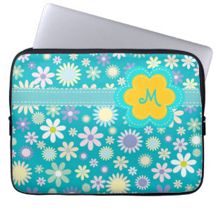 Retro Blue Flower Power Monogram Laptop Sleeve