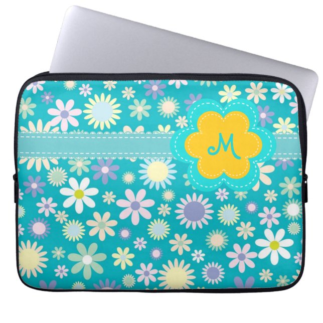 Retro Blue Flower Power Monogram Laptop Sleeve (Voorkant)