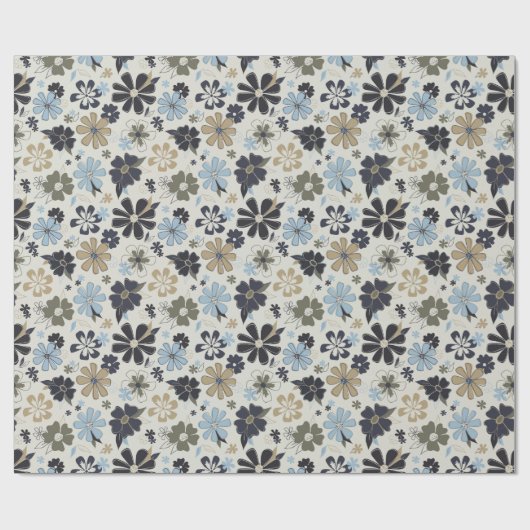 Retro Blue Flowers Patroon Cadeaupapier (Vlak)