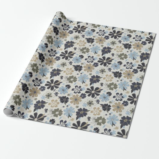 Retro Blue Flowers Patroon Cadeaupapier (Uitgerold)