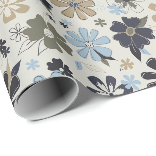 Retro Blue Flowers Patroon Cadeaupapier (Rol Hoek)