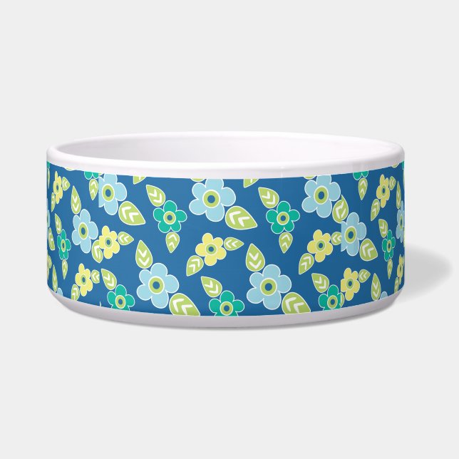 Retro Blue Flowers Patroon Voerbakje (Voorkant)
