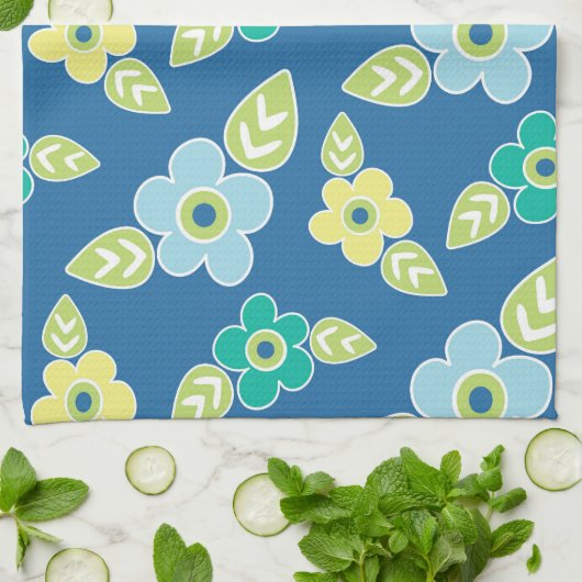 Retro Blue Flowers Theedoek (Gevouwen)