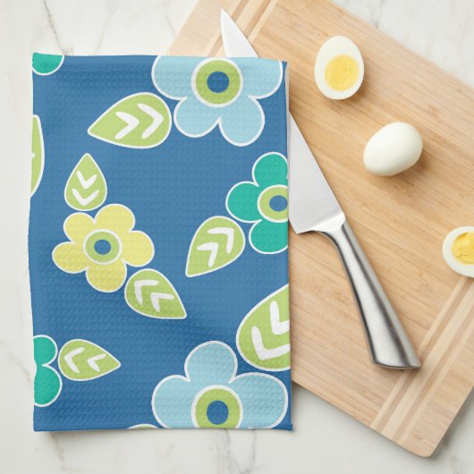 Retro Blue Flowers Theedoek (Quarter Fold)