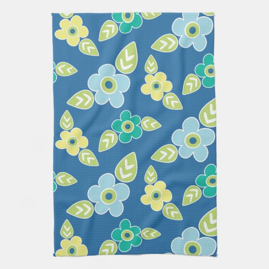 Retro Blue Flowers Theedoek (Verticaal)