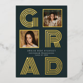 Retro Blue Folie Afstuderen Fotoaankondiging Folie Uitnodiging (Voorkant)