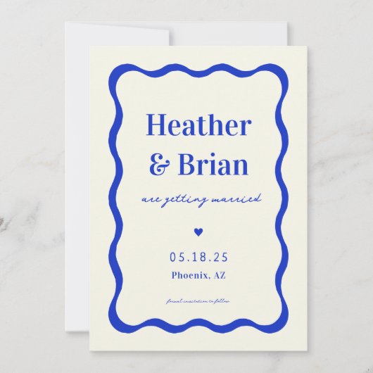 Retro Blue French Squiggle Unique Wedding Save The Date (Voorkant)