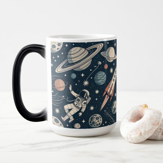 Retro Blue Galaxy Exploration Magische Mok (Met donut)