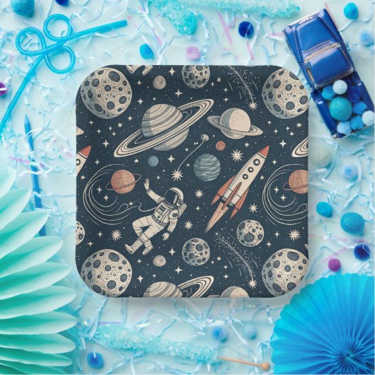 Retro Blue Galaxy Exploration Papieren Bordje (Feest)