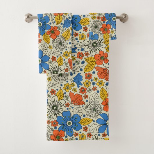 Retro Blue, Geel en Oranje Floral Bad Handdoek (Insitu)