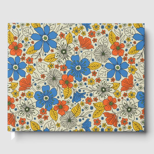 Retro Blue, Geel en Oranje Floral Gastenboek (Voorkant)