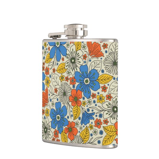Retro Blue, Geel en Oranje Floral Heupfles (Links)