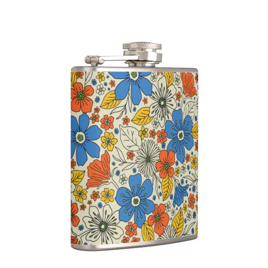 Retro Blue, Geel en Oranje Floral Heupfles (Rechts)