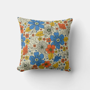 Retro Blue, Geel en Oranje Floral Kussen