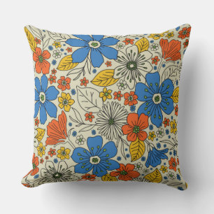 Retro Blue, Geel en Oranje Floral Kussen