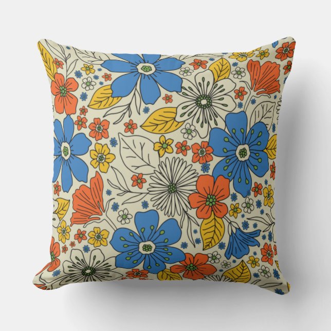 Retro Blue, Geel en Oranje Floral Kussen (Voorkant)