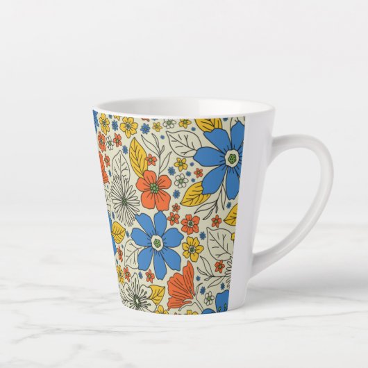 Retro Blue, Geel en Oranje Floral Latte Mok (Rechts)